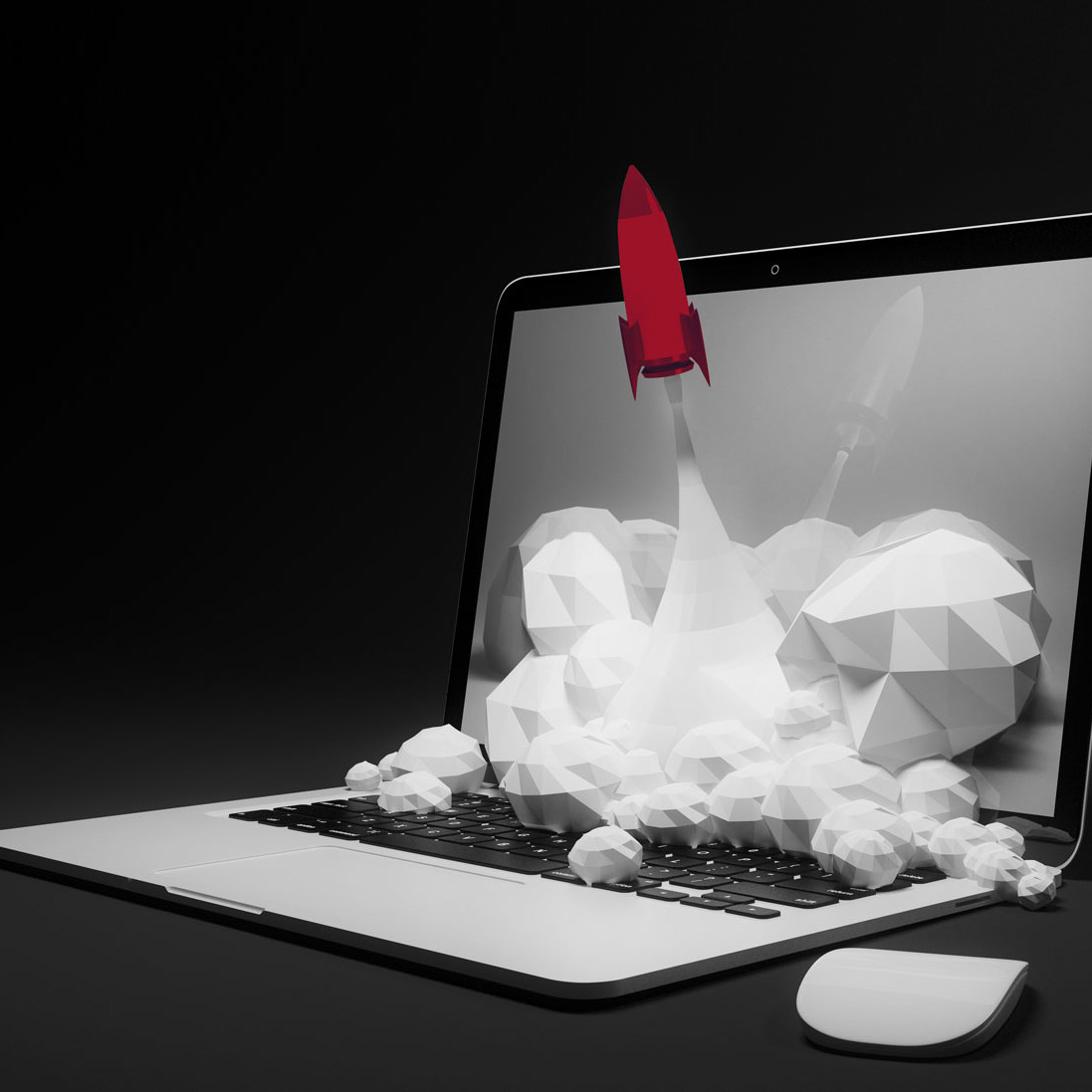Eine rote Rakete startet aus dem Laptop als Symbolbild für das Potenzial von Markencoaching