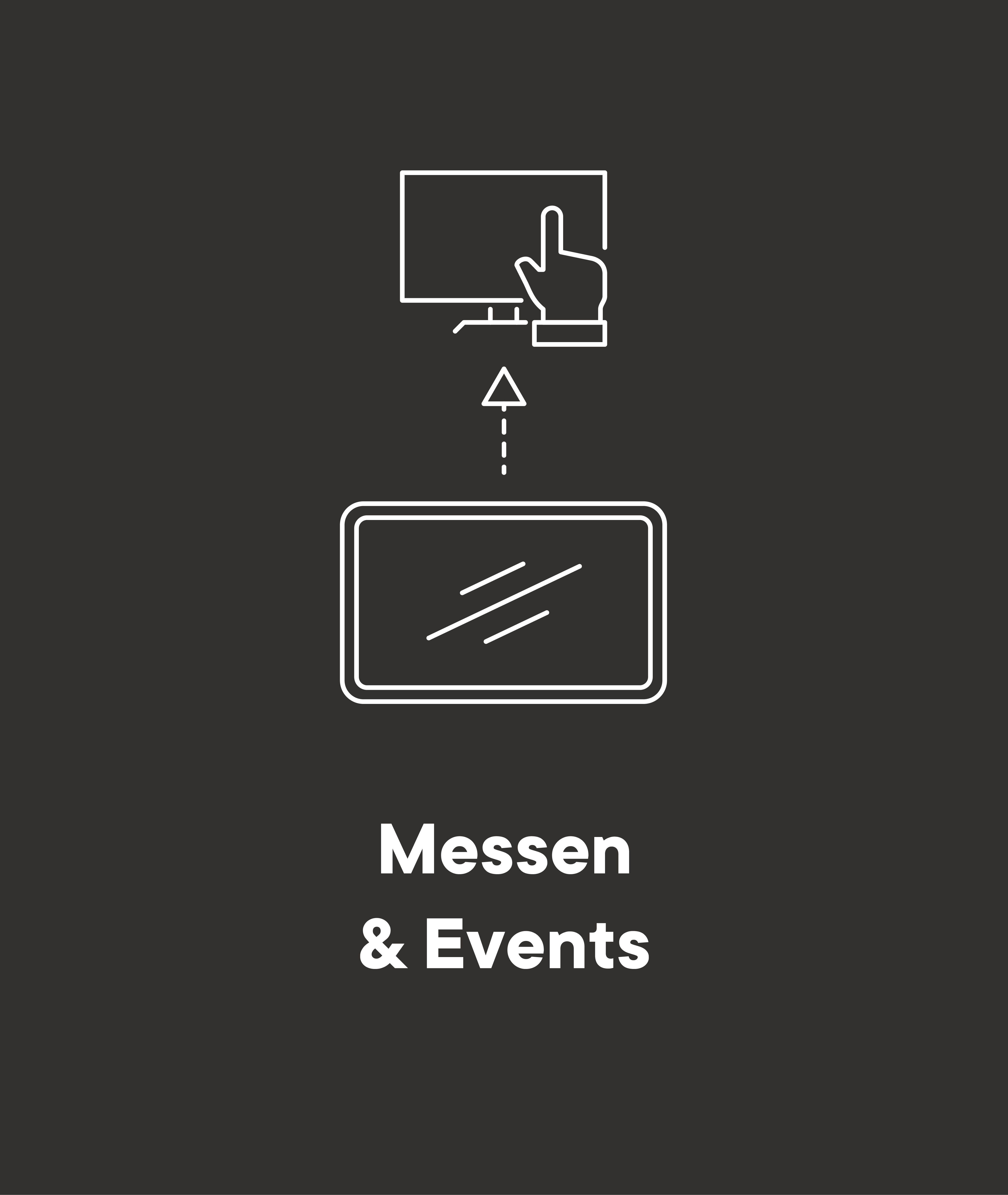 Grafik Messen und Events Handy mit Pfeil zu Bildschirm und Hand